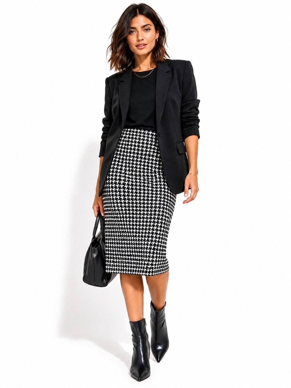 Houndstooth Midi Pencil Skirt Black White Jersey Knit Stretch Pull-On Office, 6